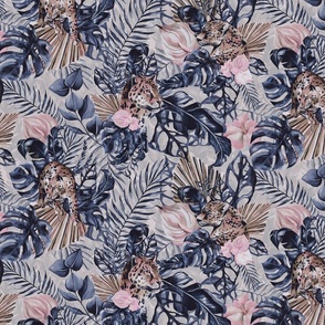 Tropical Jungle Paradise Wild Cheetah And Exotic Plants Pattern On Black Moody Blue And Pink