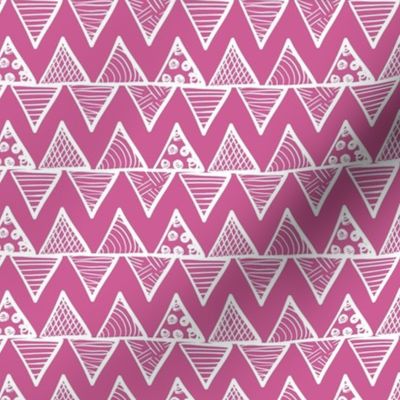 Smaller Scale Tribal Triangle ZigZag Stripes White on Peony Pink 