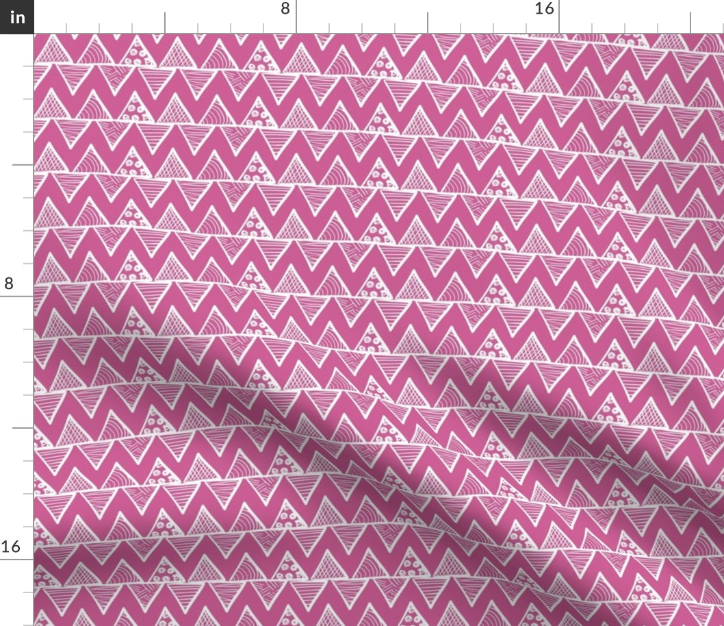Smaller Scale Tribal Triangle ZigZag Stripes White on Peony Pink 
