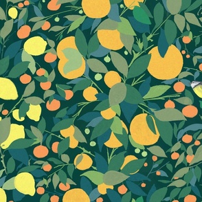 Agrumeto with Lemons, Oranges, Tangerines and Birds, Big Scale, Deep Green Background