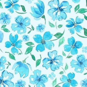 blue and green watercolour, watercolor floral painted flower blossom, scattered flowers, larger scale for fabric