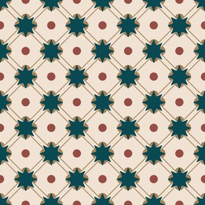 lattice with stars and dots,  teal and gold