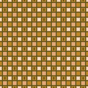 Checkerboard with flowers, in ocher and olive