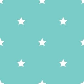 White regular star print on turquoise - small