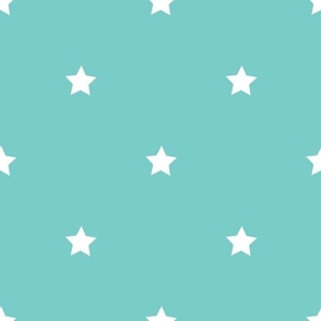 White regular star print on turquoise - large