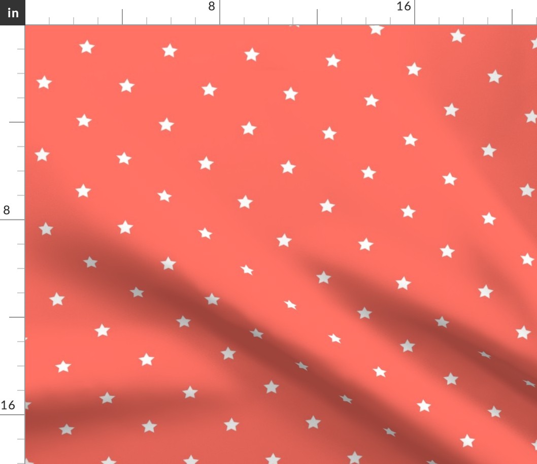 White regular star print on Living Coral - small