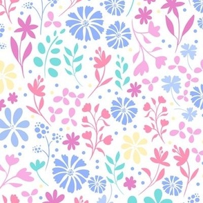modern pastel spring floral garden in multicoloured light blue pink yellow turquoise medium scale
