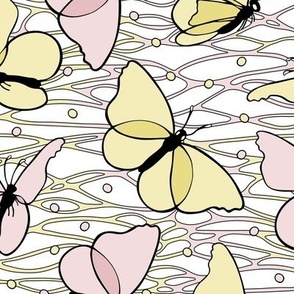 Butterflies on wavy and dots background, butter & piglet palette