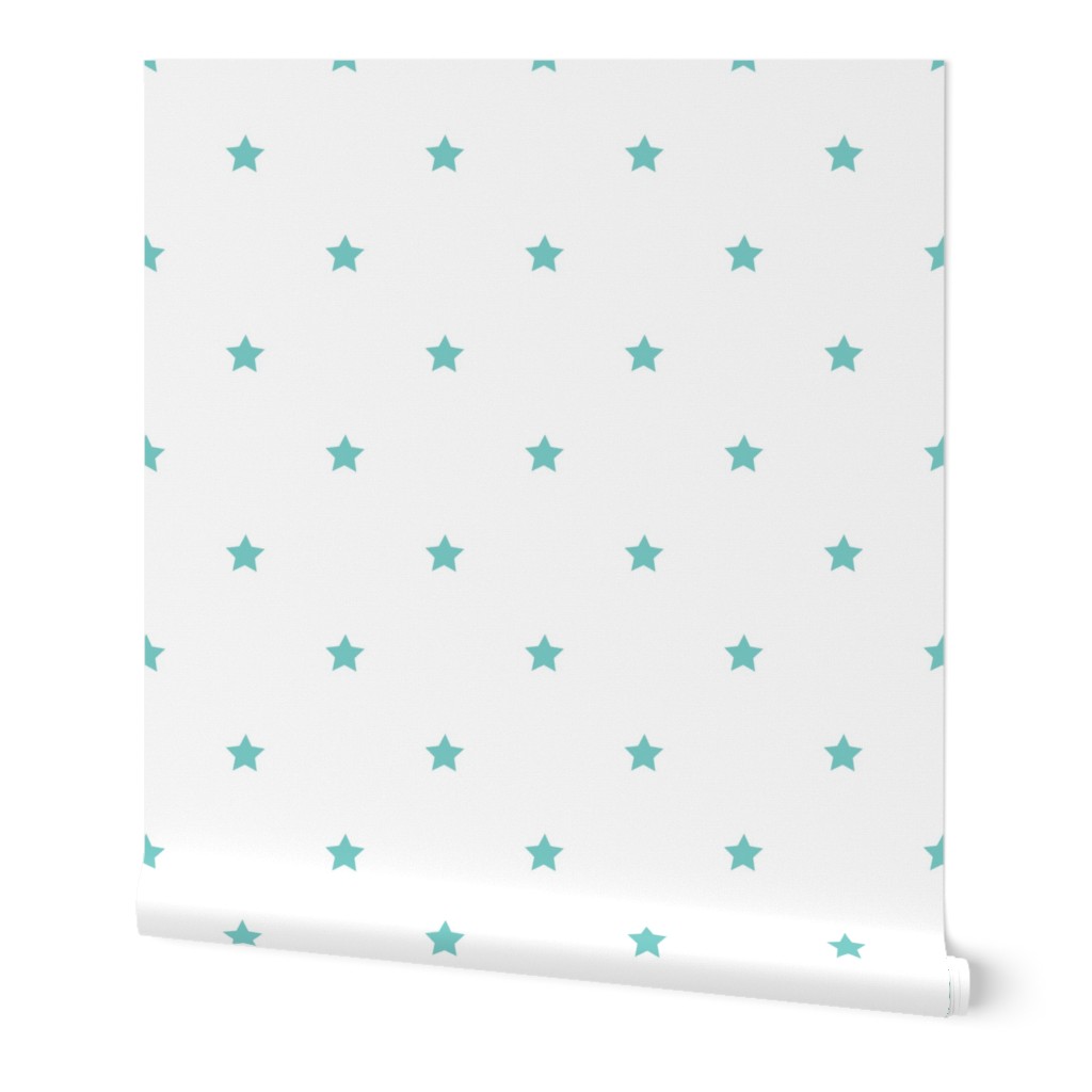 Turquoise regular star print on white - large