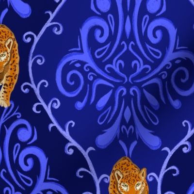 Damask baroque - blue- jaguar- blue background 