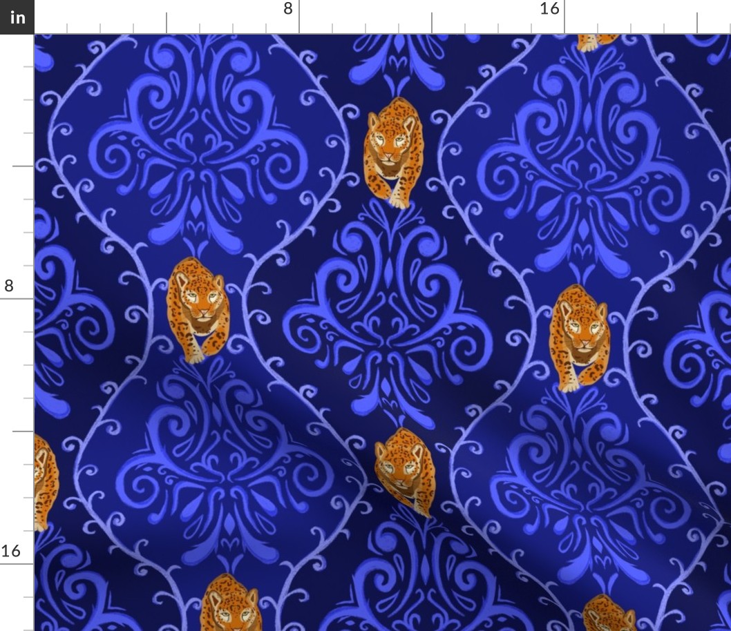 Damask baroque - blue- jaguar- blue background 