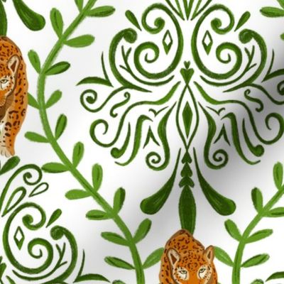 Damask baroque - green- jaguar- white background 