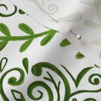 Damask baroque - green- hummingbird- white background 