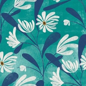 Field of Daisies- Retro-inspired watercolor daisies on a teal painterly background 
