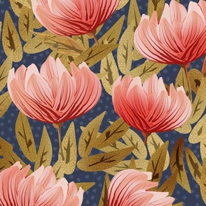 beautiful abstract flowers in shades of pink and coral on navy blue - large scale