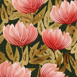 beautiful abstract flowers in shades of pink and coral on dark green - large scale