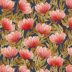 beautiful abstract flowers in shades of pink and coral on navy blue - medium scale