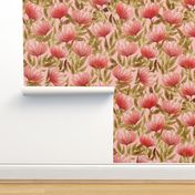 beautiful abstract flowers in shades of pink and coral on pink - medium scale