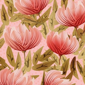 beautiful abstract flowers in shades of pink and coral on pink - medium scale