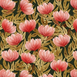 beautiful abstract flowers in shades of pink and coral on dark green - medium scale