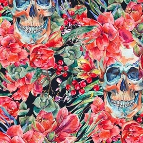 Floral skull with red amaryllis flowers on black