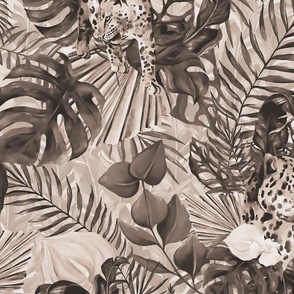 Tropical Jungle Paradise Wild Cheetah And Exotic Plants Pattern On Black Monochrome Brown