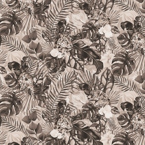 Tropical Jungle Paradise Wild Cheetah And Exotic Plants Pattern On Black Monochrome Brown Smaller Scale