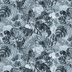 Tropical Jungle Paradise Wild Cheetah And Exotic Plants Pattern On Black Monochrome Blue Smaller Scale