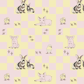 Farmhouse Cuties - Piglets,Rabbits and Chicks on Piglet pink and Butter yellow checks/gingham small scale