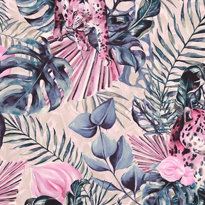 Tropical Jungle Paradise Wild Cheetah And Exotic Plants Pattern Pink Teal