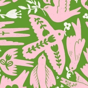 Folk flower birds - soft white and light pink on palm leaf green - large
