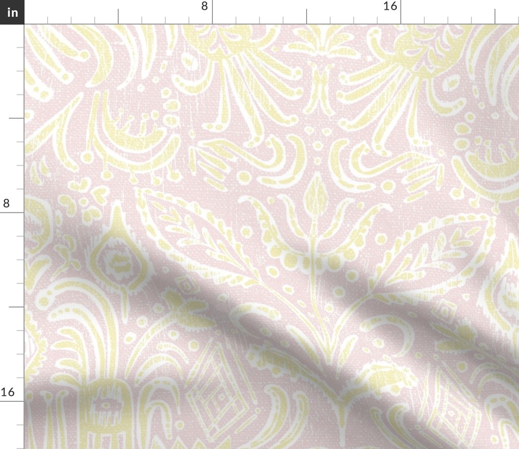 Camille Ikat Paisley in Butter yellow and Piglet Pink - 24 inch repeat
