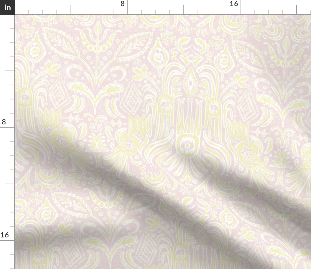 Camille Ikat Paisley in Butter yellow and Piglet Pink - 12 inch repeat