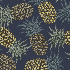 Scattered bold pi-napples - gold and khaki on navy