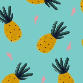 Pop Fruit - hand drawn Pineapples Large over a blue background  - color confident - fruit wallpaper
