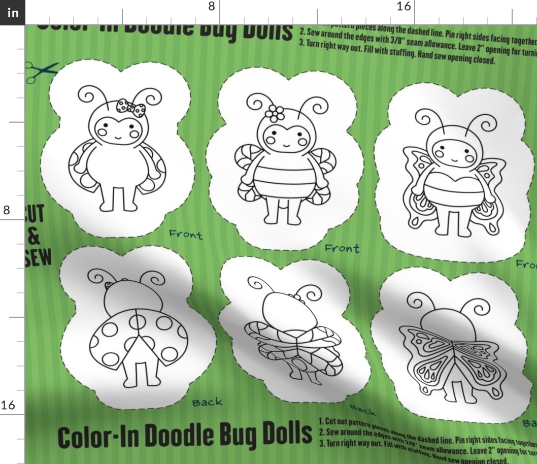 Coloring Cut and Sew Doodle Bugs, Bug Buddies Doll Set Panel - Green
