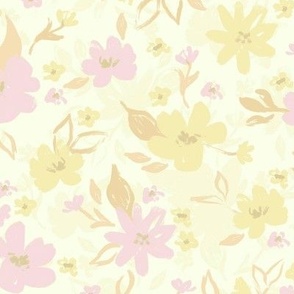 Butter and piglet painterly floral design with pale yellow background (medium size version)