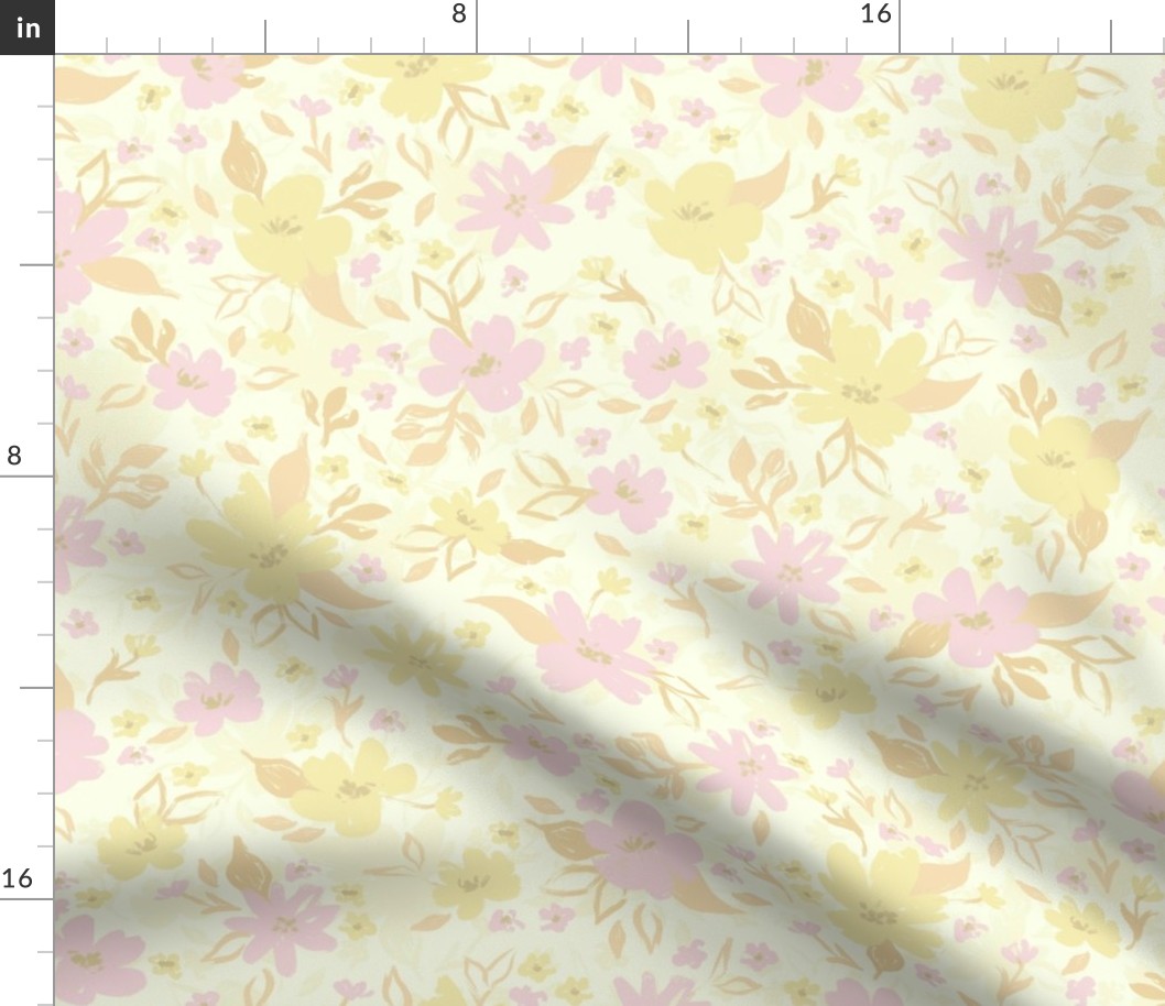 Butter and piglet painterly floral design with pale yellow background (medium size version)