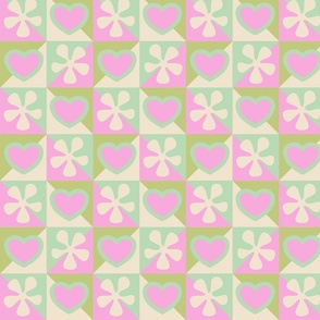 GEOMETRIC QUILT hearts and flowers in Barbie pink, light blue, white, green  (Small)