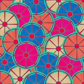 Watermelon coloured citrus fruits or umbrella tops in fuschia pink. Bright blue. Cream and orange 12” repeat