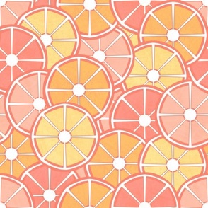 Watermelon coloured citrus fruits or umbrella tops in pale yellow, coral, peach and orange  12” repeat