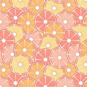 Watermelon coloured citrus fruits or umbrella tops in pale yellow, coral, peach and orange  6” repeat