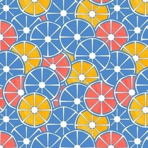 Watermelon coloured citrus fruits or umbrella tops in denim blue. Yellow and orange   6” repeat