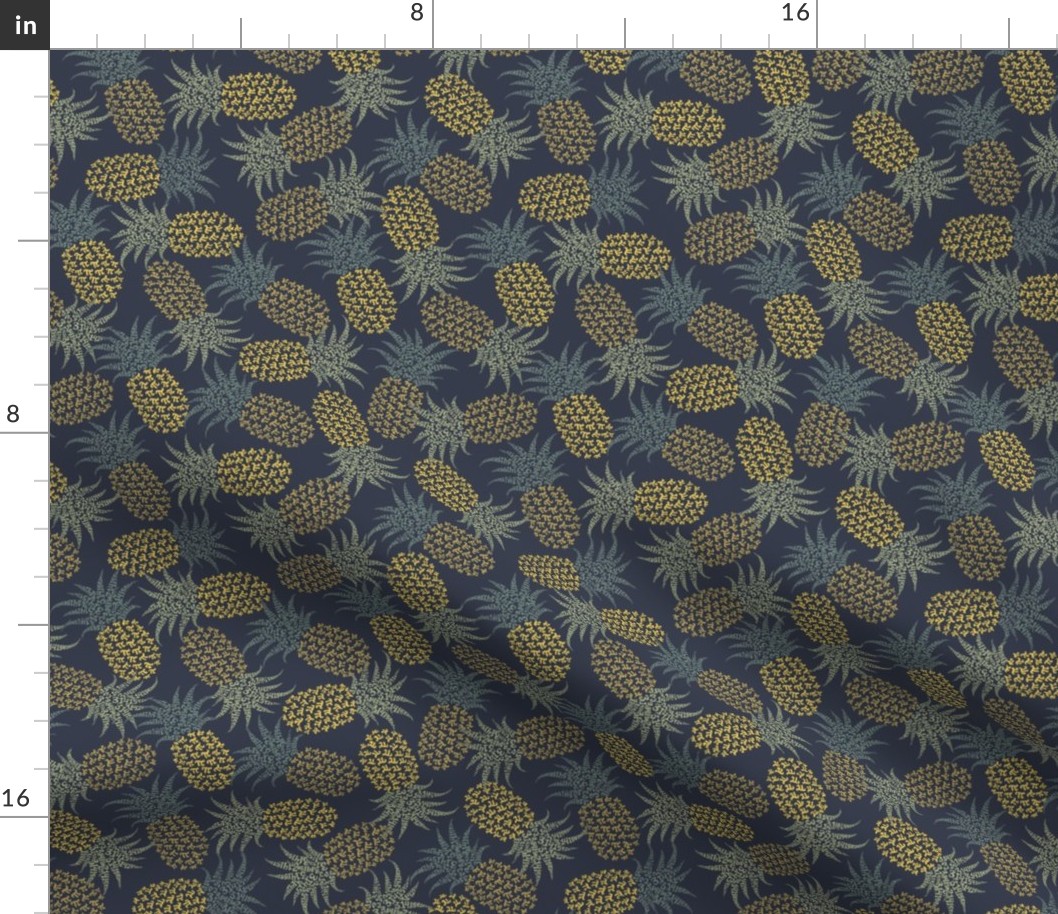Small scattered bold pi-napples - gold and khaki on navy