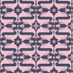 Humpback Whale Song with Starfish, Jellyfish, & Octopus in Pink on Navy, Medium