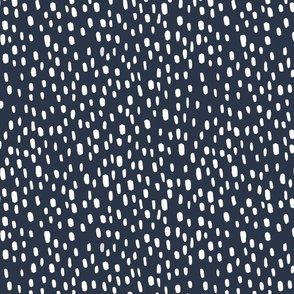 Organic Simple Hand-drawn White Brush Stroke Dash Marks on Dark Blue Background in Modern Dotted Dots Aesthetic for Garden Upholstery, Home Office Wallpaper, and Timeless Scandinavian Home Décor with Neutral Color Palette