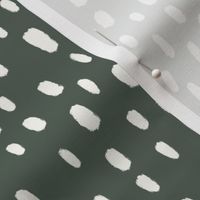 Organic Simple Hand-drawn White Brush Stroke Dash Marks on Pine Green Background in Modern Dotted Dots Aesthetic for Garden Upholstery, Home Office Wallpaper, and Timeless Scandinavian Home Décor with Neutral Color Palette