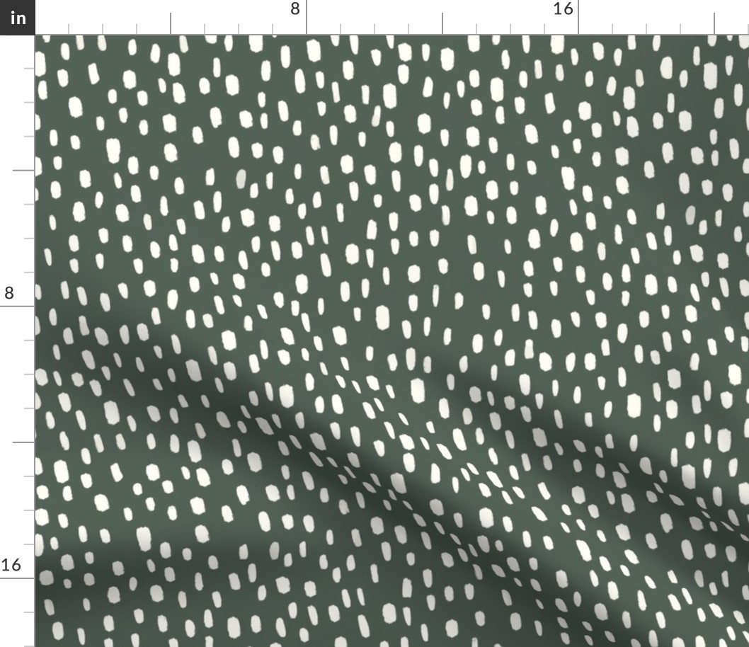 Organic Simple Hand-drawn White Brush Stroke Dash Marks on Pine Green Background in Modern Dotted Dots Aesthetic for Garden Upholstery, Home Office Wallpaper, and Timeless Scandinavian Home Décor with Neutral Color Palette