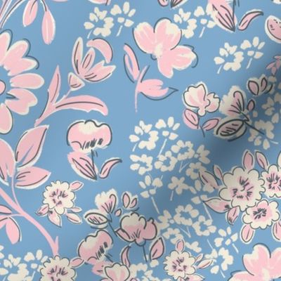 bespoke florals artistic hand drawn vintage style florals lare scale floral  periwinkle blue pink white ©Terri Conrad Designs