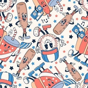 baseball,  friends, hot dog, soda, kids ball, bat, stars, retro, vintage, cartoon